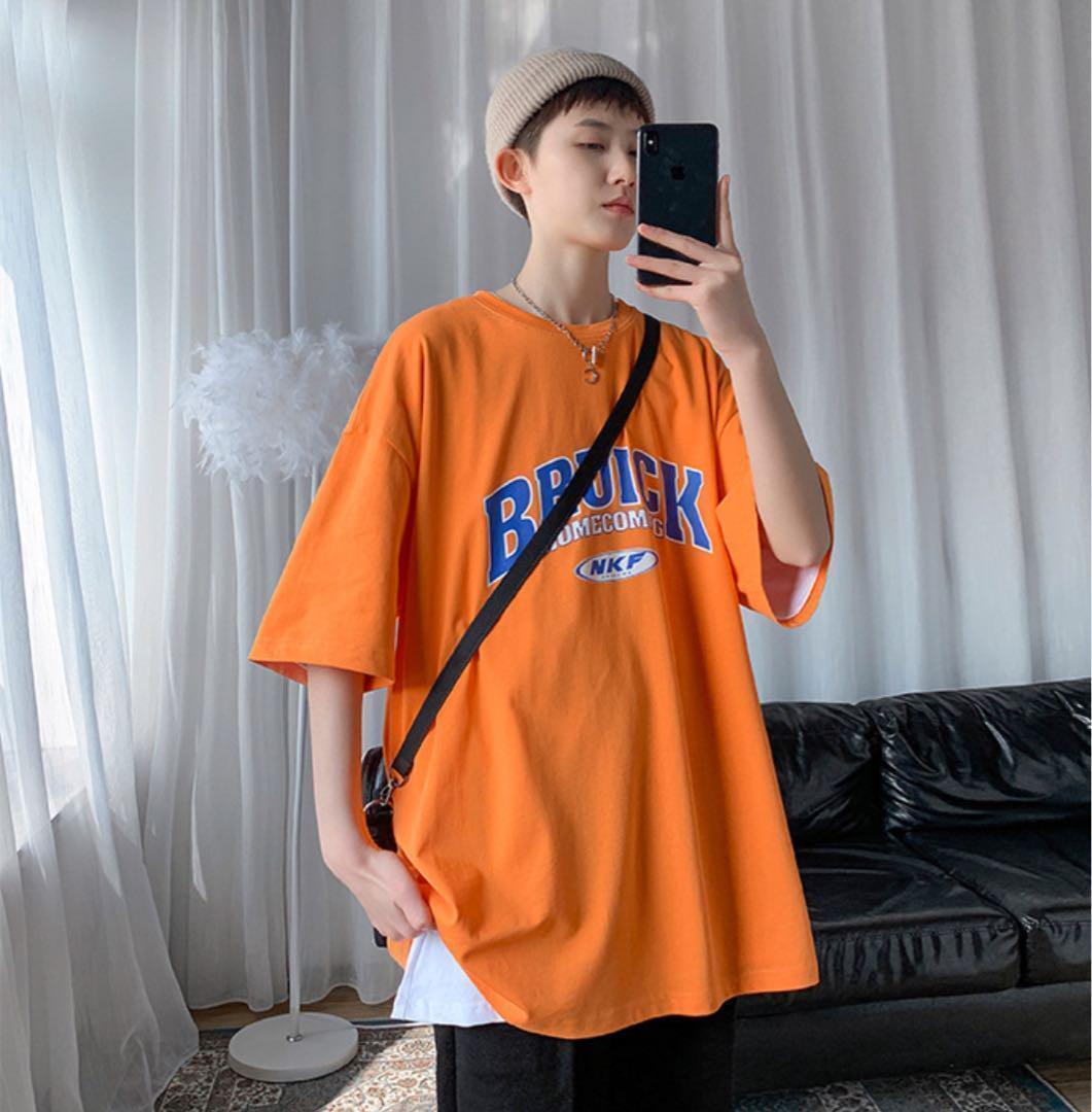 半袖Tシャツ ユニセックス ダメージ加工 ラウンドネック 3色 プリント 半袖 Tシャツ カットソー ユニセックス M オレンジ