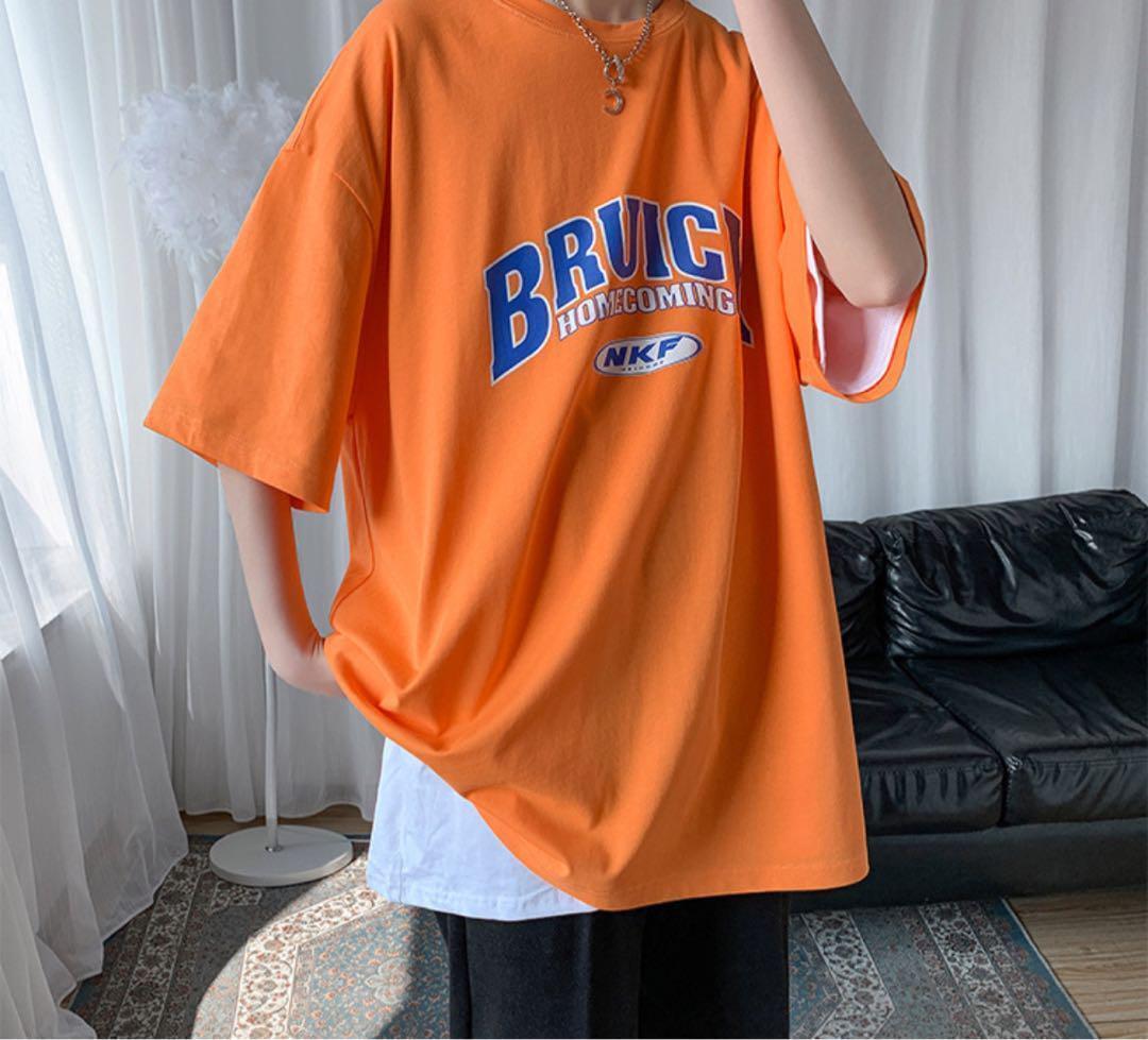 【関税込】 半袖 Tシャツ - ディープ オレンジ プリント 半袖 Tシャツ カットソー ユニセックス M オレンジ
