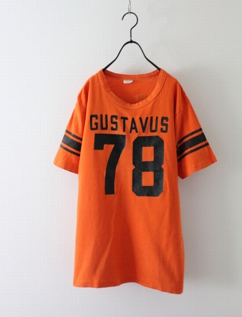 70's 【Champion】チャンピオン ナンバリング Tシャツ バータグ フットボール アメカジ オレンジ系 ヴィンテージ 古着 70年代