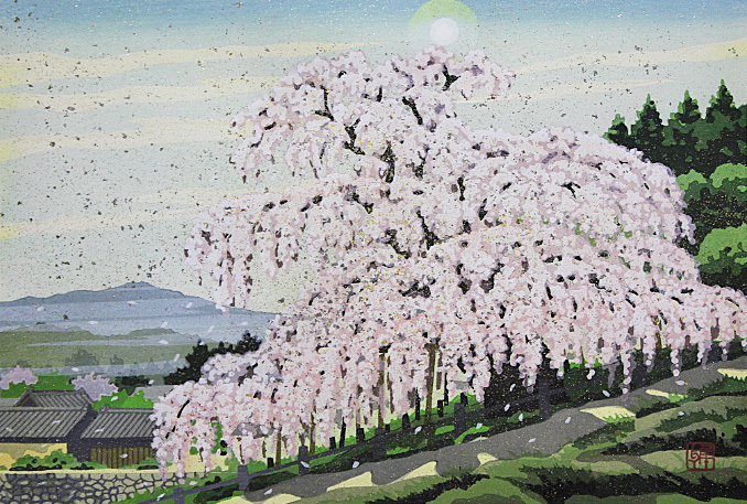 井堂雅夫【春「春爛漫の滝桜」】金銀箔手彩木版画 認定書有り □☆井堂雅夫 【春「春爛漫の滝桜」】 金銀箔手彩木