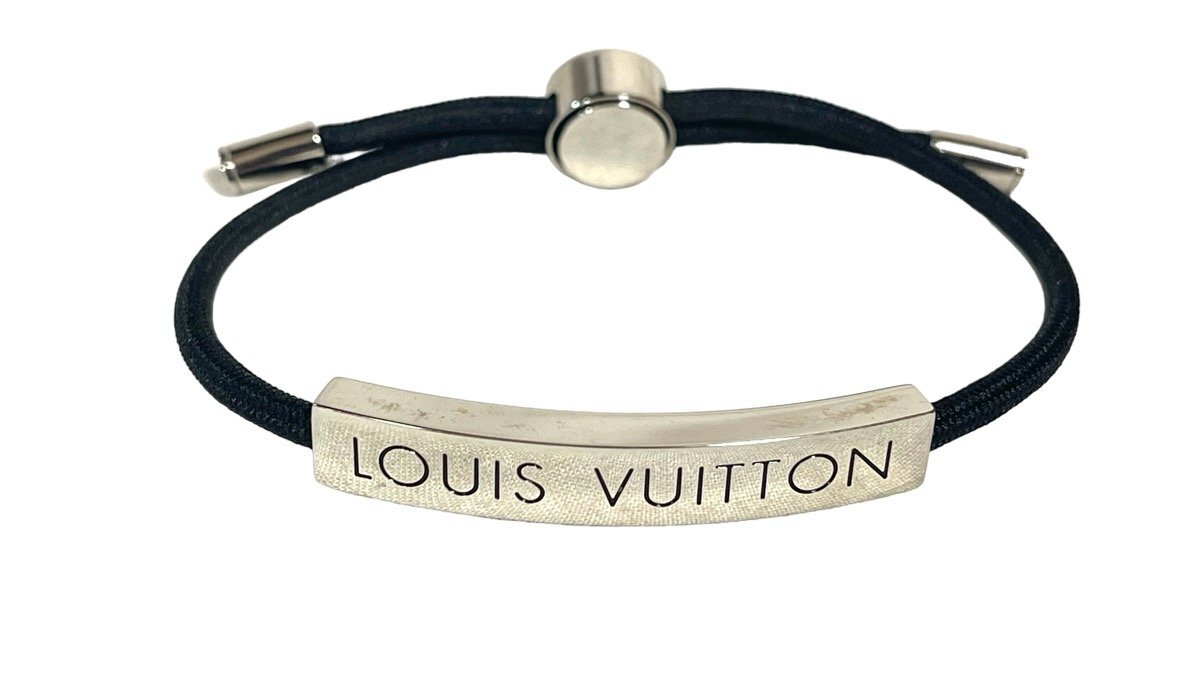 1 jpy * ultimate beautiful goods box attaching * Louis Vuitton * brass reLV Space *LV Logo bracele black × silver cord black bangle men's M67417