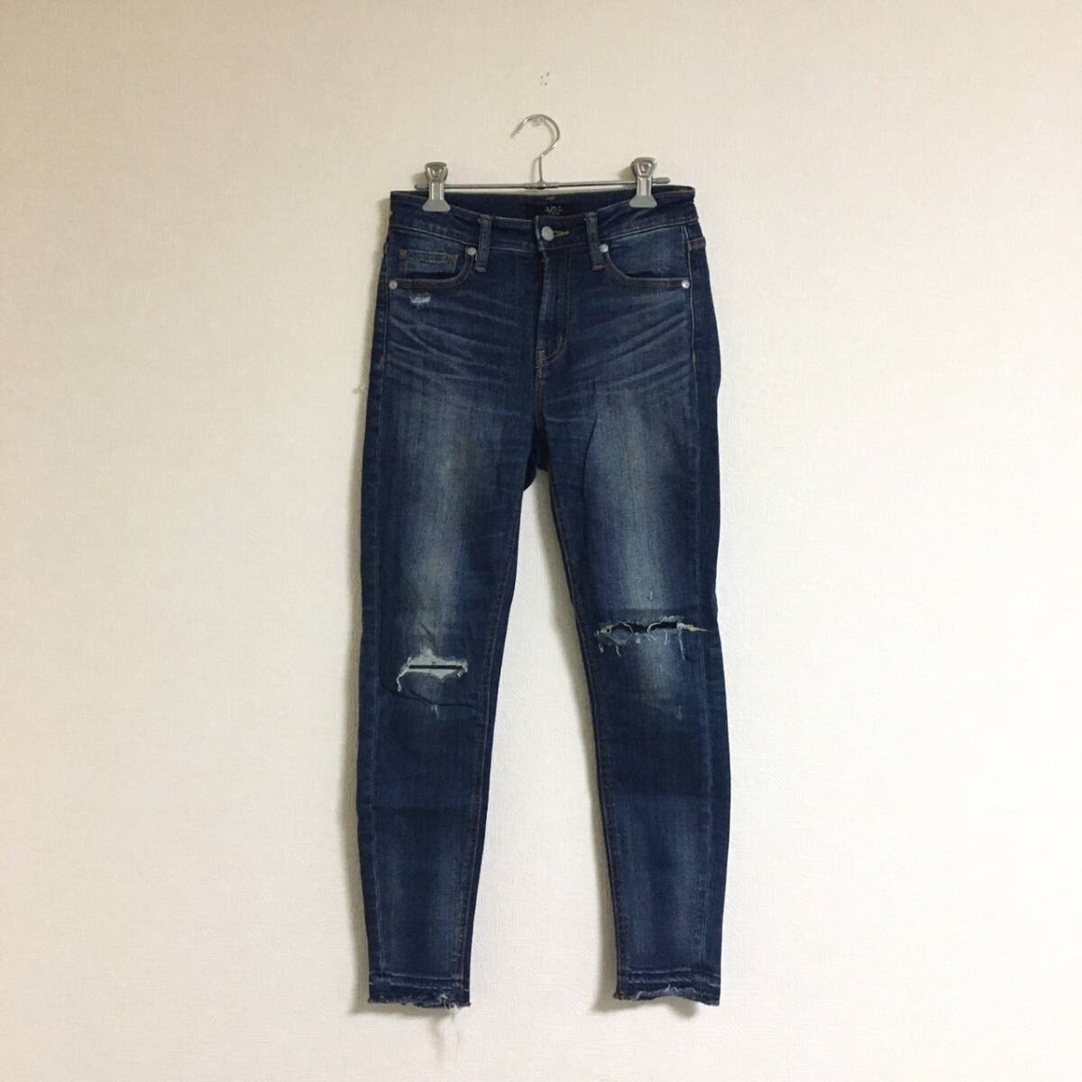アズールバイマウジー AZUL by moussy デニムパンツ ジーンズ スリム USED加工 カットオフ Sサイズ レディース ストレッチ素材