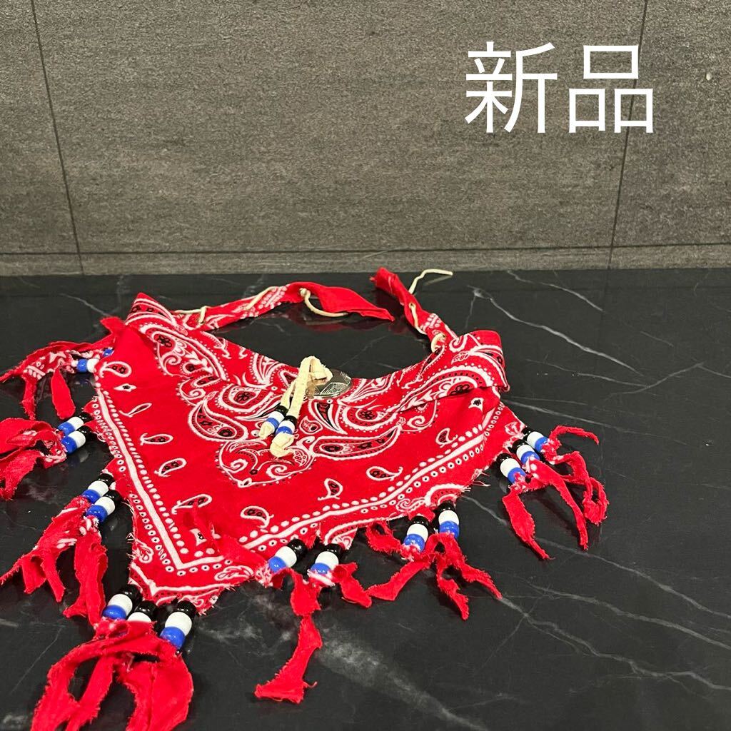 新品 バンダナ ネックレス 首飾り インディアン ビーズ レザーコンチョ ペイズリー柄 レッド ネイティブ 玉mc2895