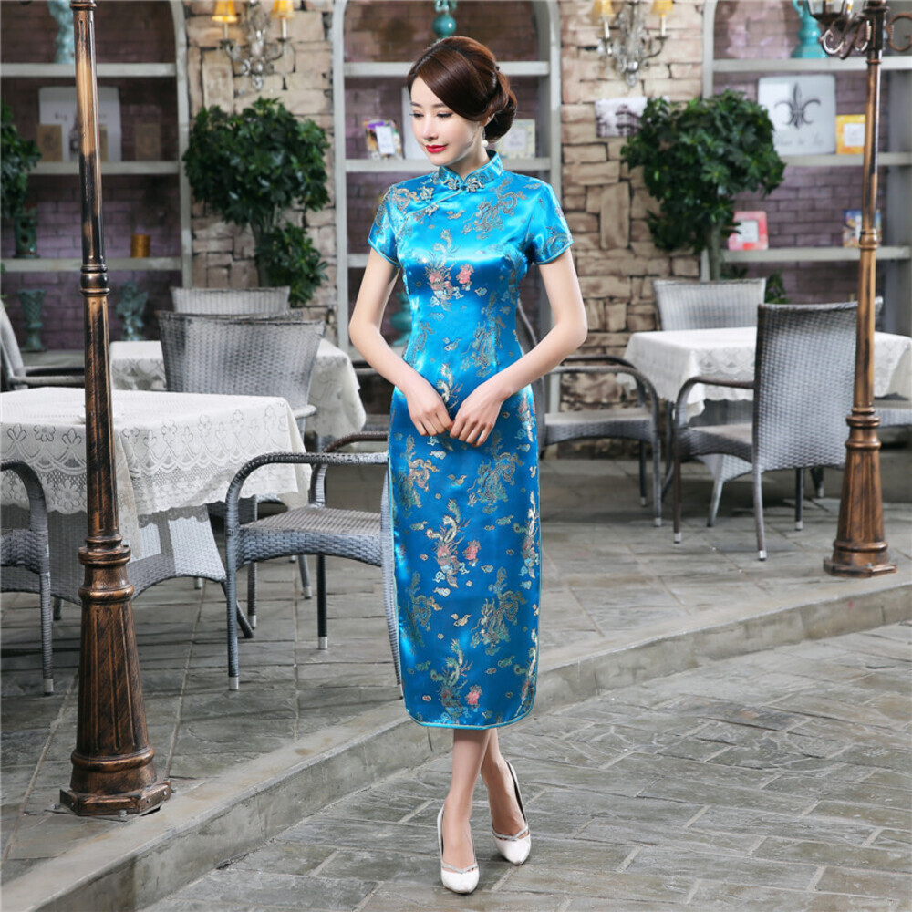 * blue * XL size * China dress long height j3082 China dress long tea ina clothes red black short sleeves One-piece 