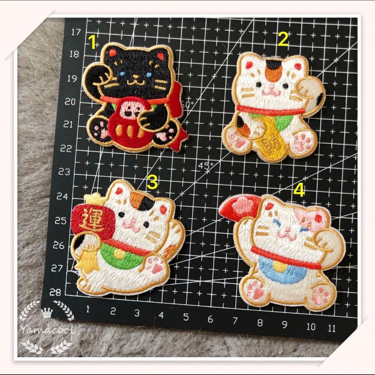 YX21 招き猫  4枚入 スマホ手帳シール/刺繍アイロンワッペン