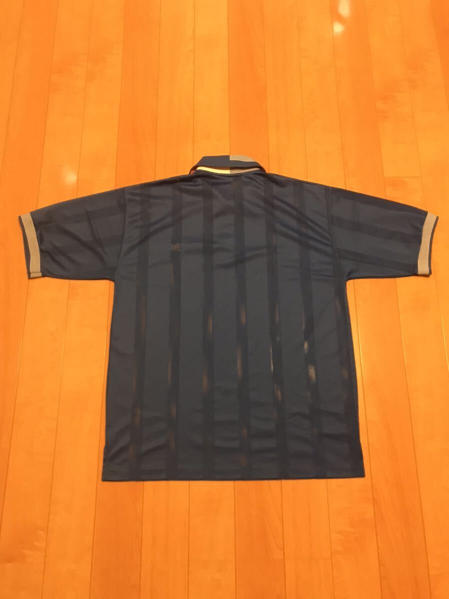 良品☆90sKANI JEANS/オールドカナイ　メンズ日本サイズXL以上　半袖ゲームシャツ?ストライプ柄メッシュ生地切替　ロゴ刺繍入&リブライン!