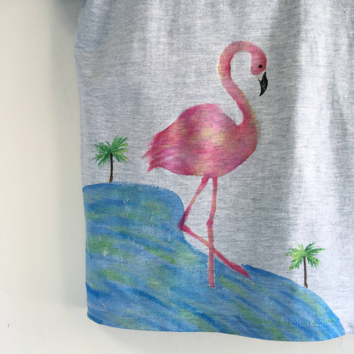 レディース Lサイズ フラミンゴ柄Tシャツ、トロピカルな南国フラミンゴの手描きTシャツ 鳥 動物 夏_画像5