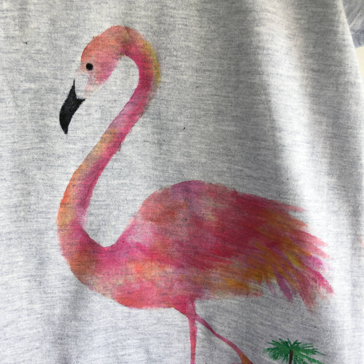 レディース Lサイズ フラミンゴ柄Tシャツ、トロピカルな南国フラミンゴの手描きTシャツ 鳥 動物 夏_画像4