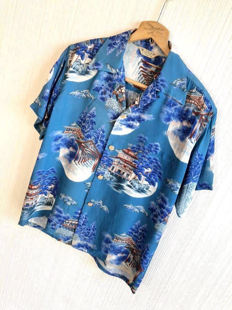 **40s50s VINTAGE Kyoto производства Scott of Hawaii Scott ob Гаваи мир рисунок искусственный шелк .. Hawaiian гавайская рубашка Vintage ka - namok**