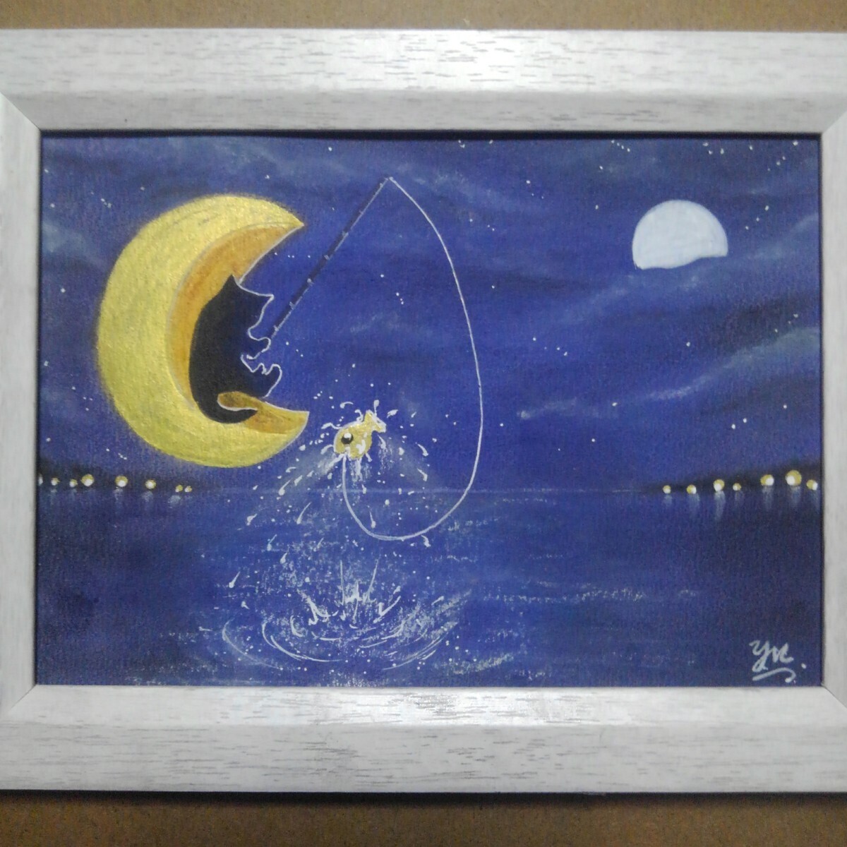 ふぅ神様☆「絵画原画2L判サイズ」 絵画 「幸運を釣る猫」 2Lサイズ額つき 楽器、手芸、コレクション