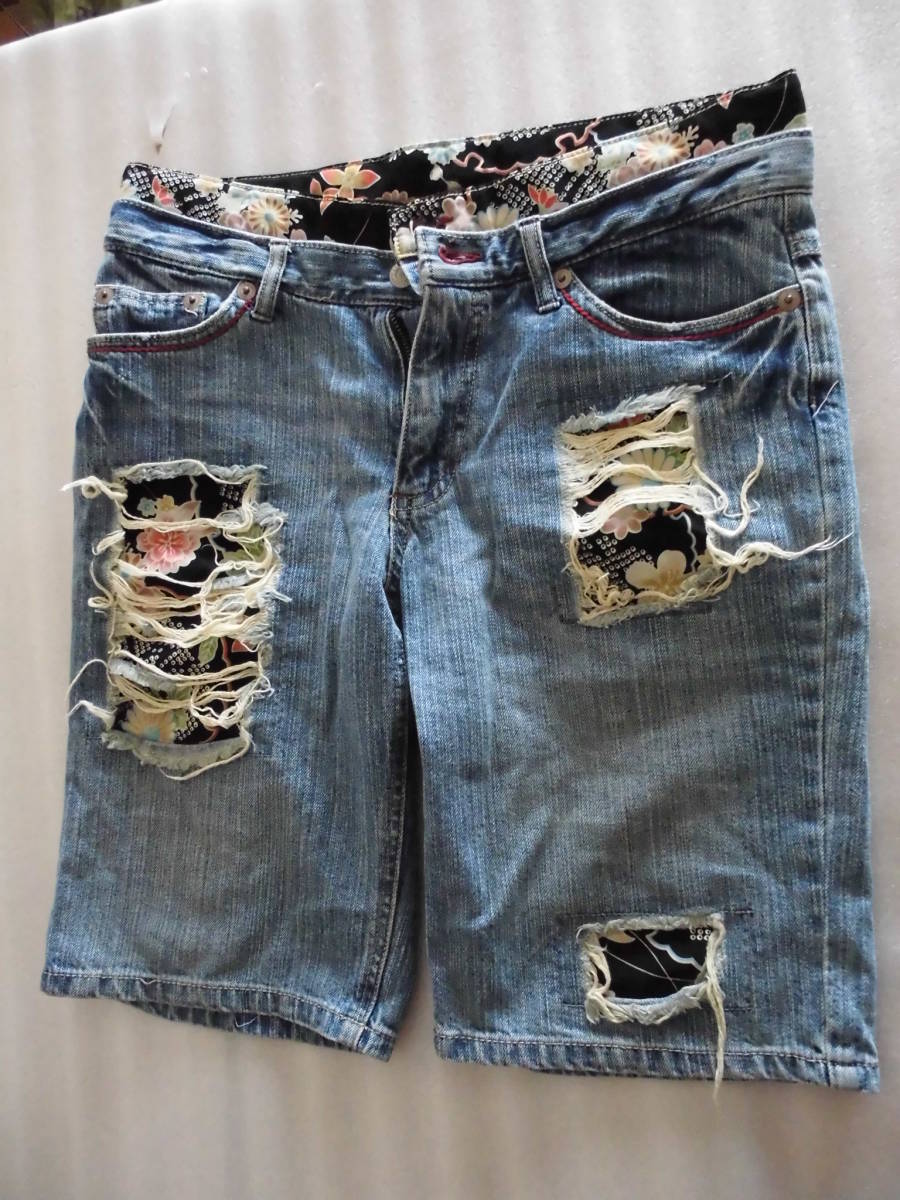  Denim * peace pattern * remake * short pants * man woman O*K