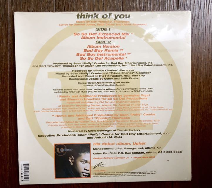 激レア 新品 シールド デッドストック 1994 Usher / Think Of You Original US 12 LaFace Badboy Remix So So Def Remix Puff Daddy_画像2