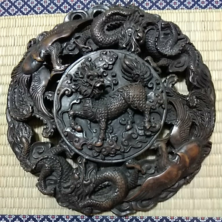 即決！ 骨董品 麒麟 龍 竜 鳳凰 美しい 縁起の良い オブジェ レリーフ 壁掛け具付き 風水 ※飾り台は商品ではございません。