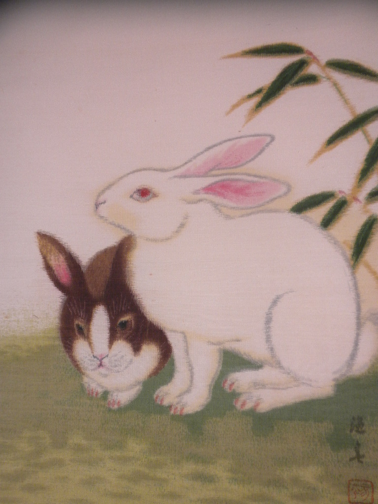 【模写】掛軸・秋菊・兎図・二匹のウサギ・表装前のマクリ状態のお品_画像5