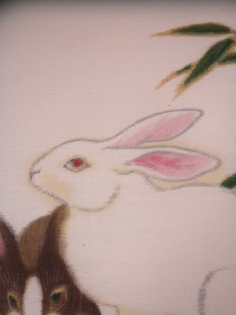 【模写】掛軸・秋菊・兎図・二匹のウサギ・表装前のマクリ状態のお品_画像6