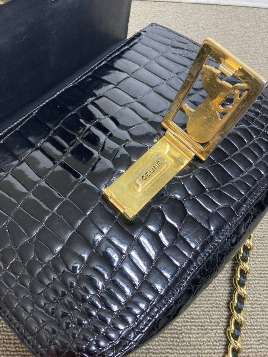 CELINE セリーヌ ヴィンテージ 馬車金具 クロコ 黒色 ショルダー CELINE セリーヌ ヴィンテージ 馬車金具 クロコ 黒色 ショルダー