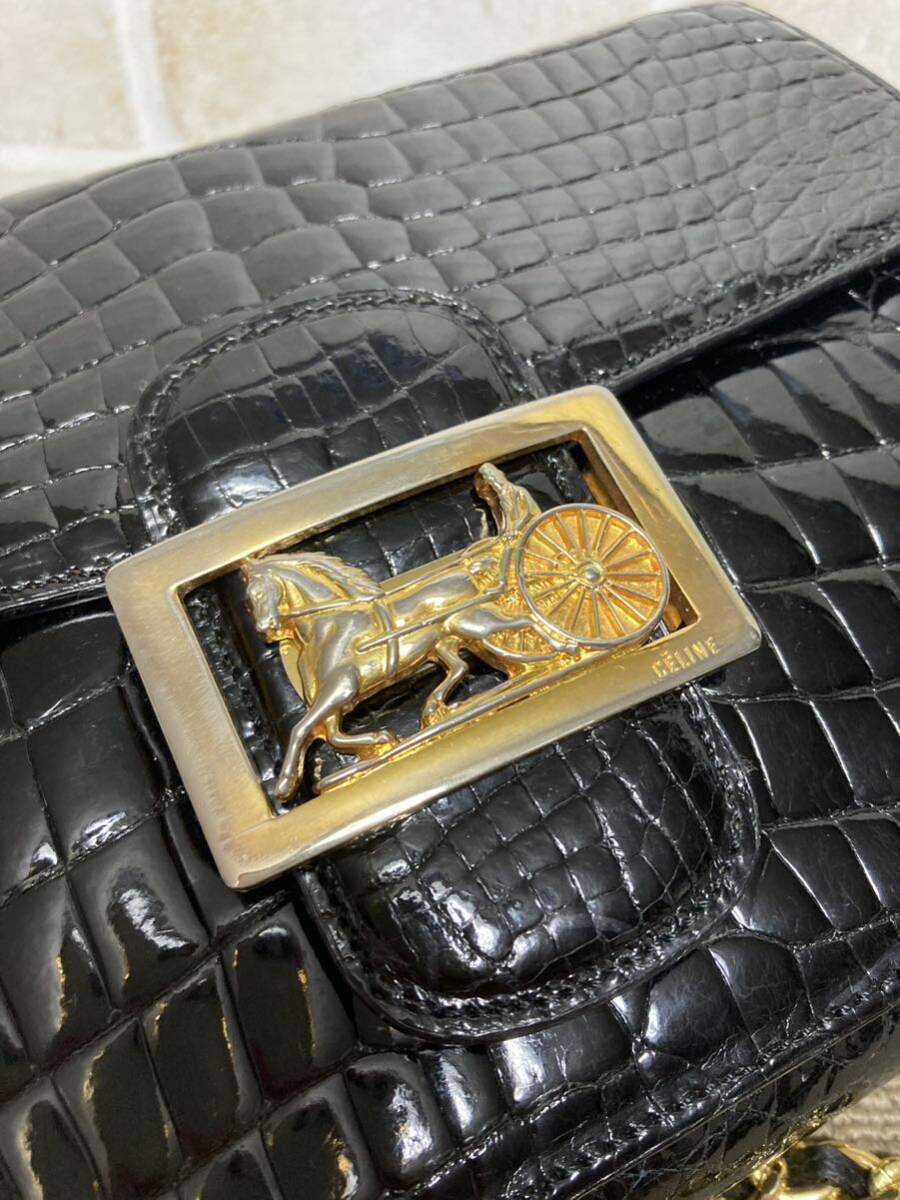 CELINE セリーヌ ヴィンテージ 馬車金具 クロコ 黒色 ショルダー CELINE セリーヌ ヴィンテージ 馬車金具 クロコ 黒色 ショルダー