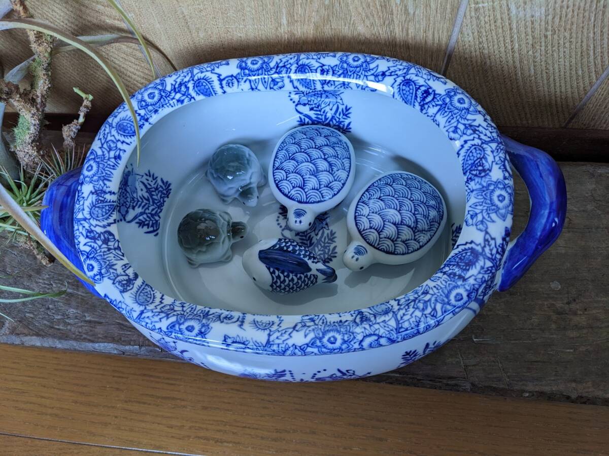 双耳金魚鉢と亀と魚6点セット】双耳金魚鉢&亀大&亀小&染付魚 双耳金魚鉢と亀と魚6点セット】双耳金魚鉢&亀大&亀小&染付魚