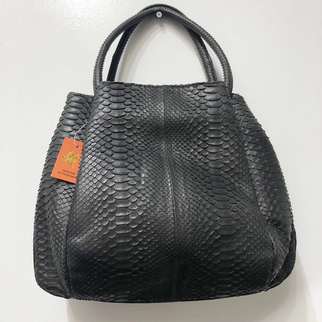 新品 GENUINE PYTHON SKIN 本革 ニシキヘビ ハンドバッグ チャコールグレー 鞄 レディース ゴールド金具 巾着型 レザー DP-3002(MPZT-170)