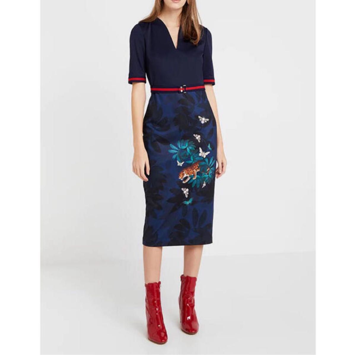 美品】Ted Baker テッドベイカー 紺色 タイガー ワンピース 美品】Ted Baker テッドベイカー 紺色 タイガー ワンピース