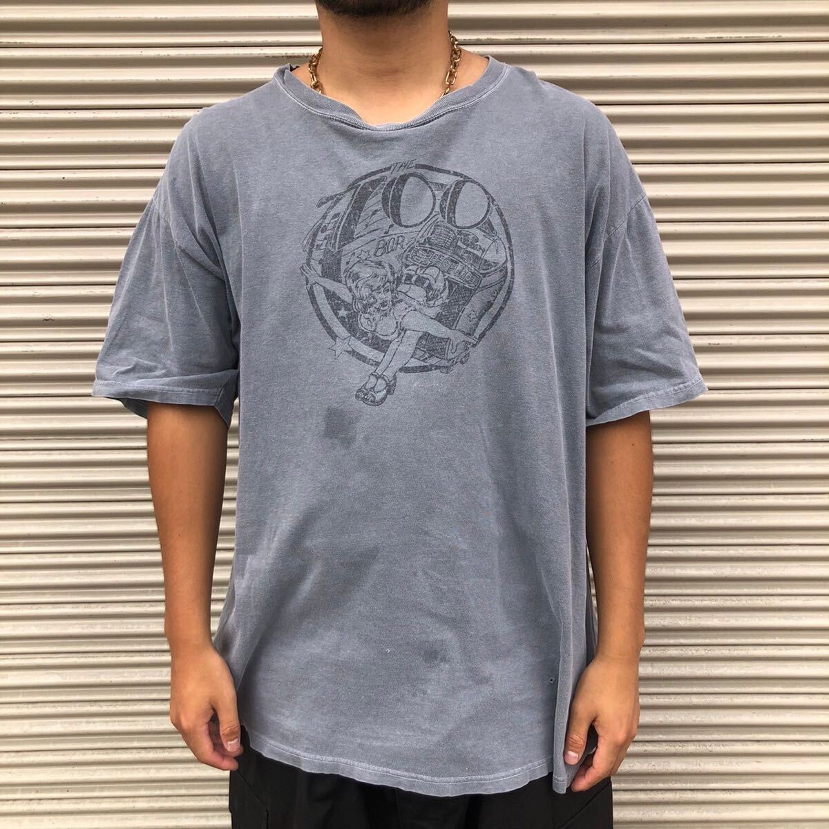 ビックサイズ 00s ZONE ゾーン プリント Tシャツ 半袖 カットソー ヴィンテージ グレー フェード クルーネック コットン 丸首 XL