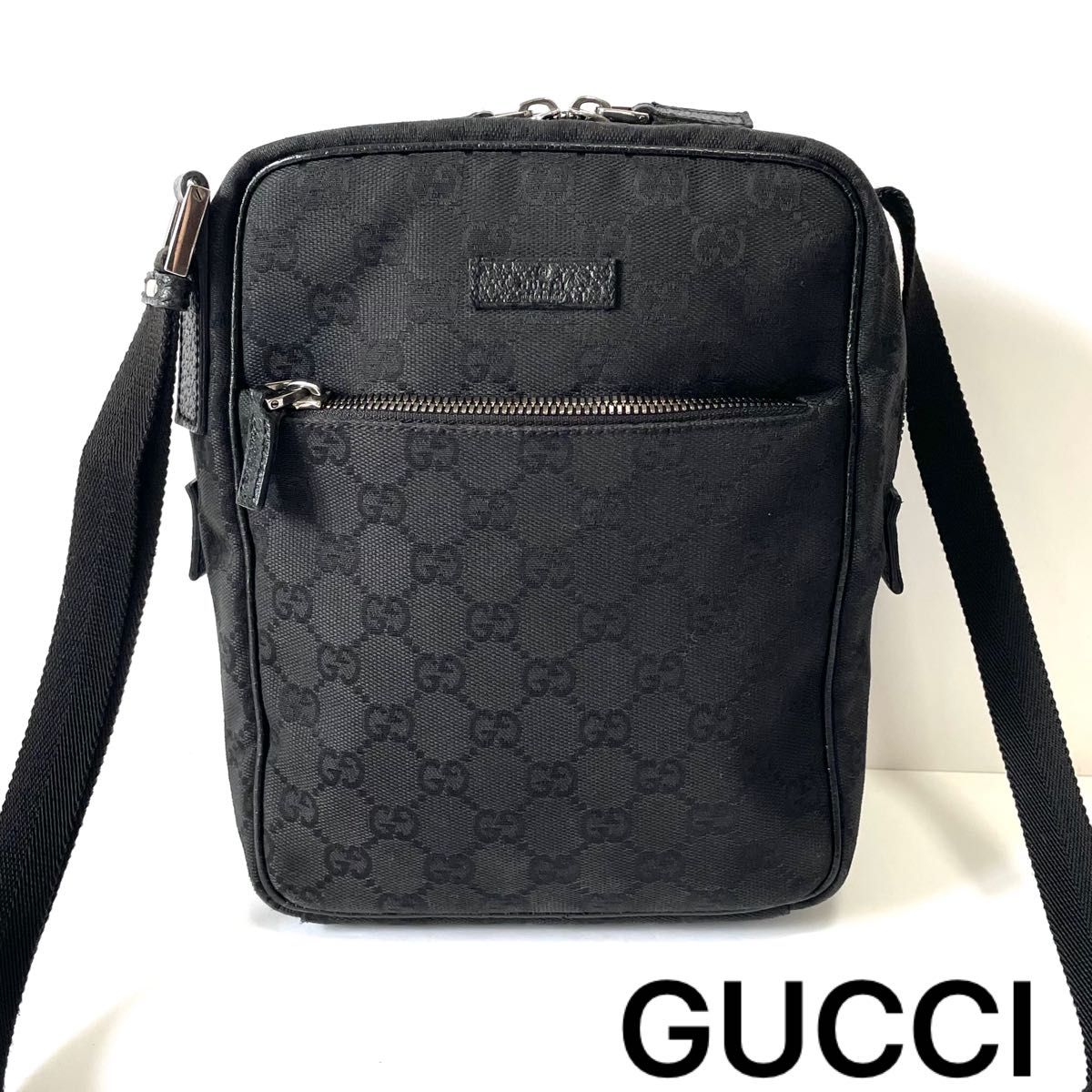 良品】GUCCI グッチ ショルダーバッグ GGキャンバス×レザー 黒 良品】GUCCI グッチ ショルダーバッグ GGキャンバス×レザー 黒
