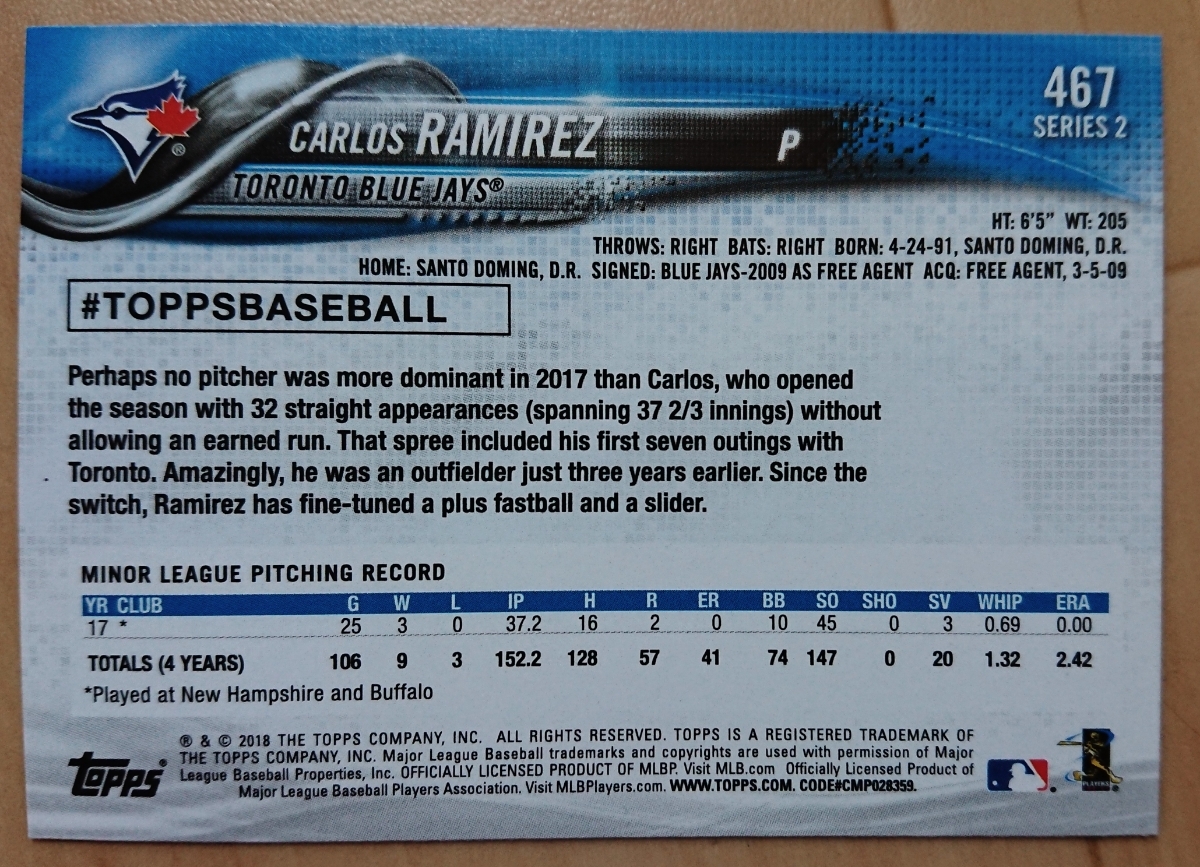 ★RC ルーキー CARLOS RAMIREZ TOPPS 2018 #467 MLB メジャーリーグ ROOKIE CARD カルロス ラミレス TORONTO BLUE JAYS ブルージェイズ_画像2
