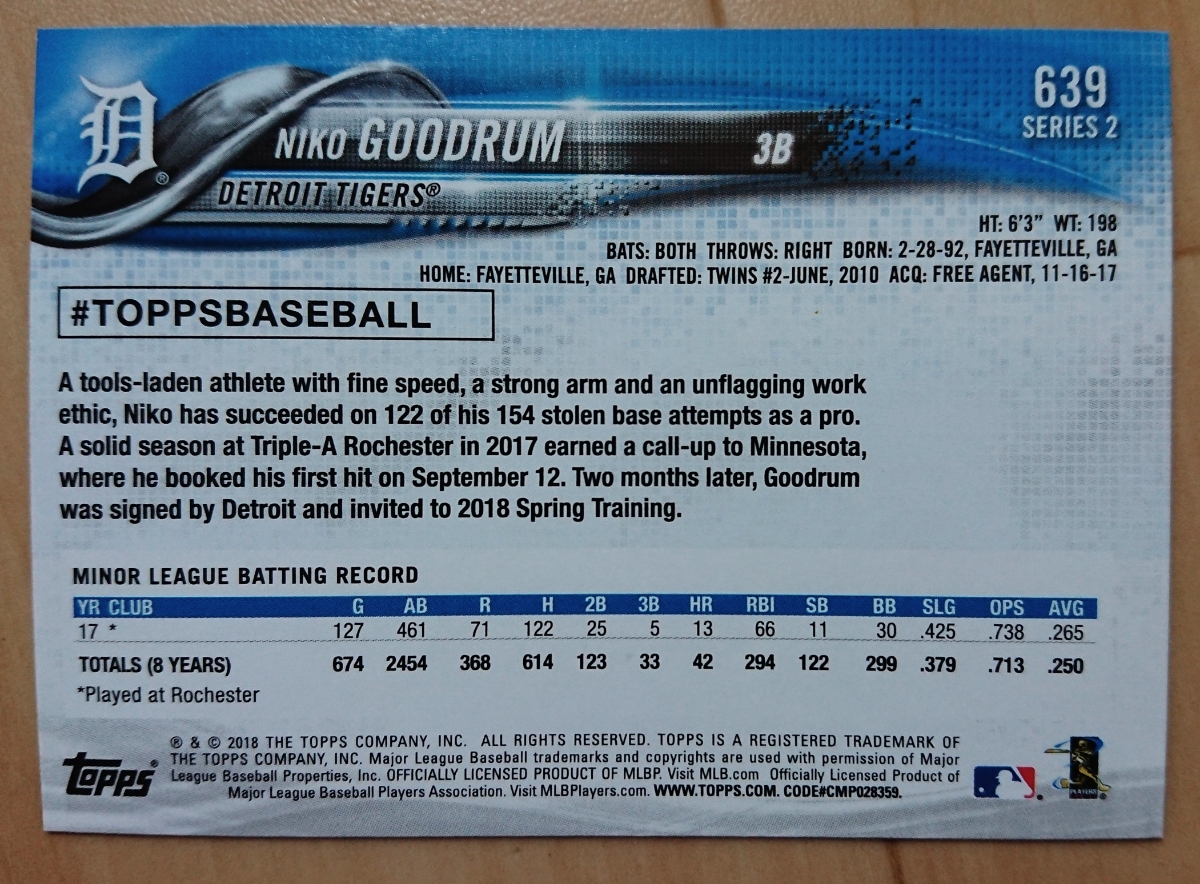 ★RC ルーキー NIKO GOODRUM TOPPS 2018 #639 MLB メジャーリーグ ROOKIE CARD ニコ グッドラム DETROIT TIGERS デトロイト タイガース_画像2