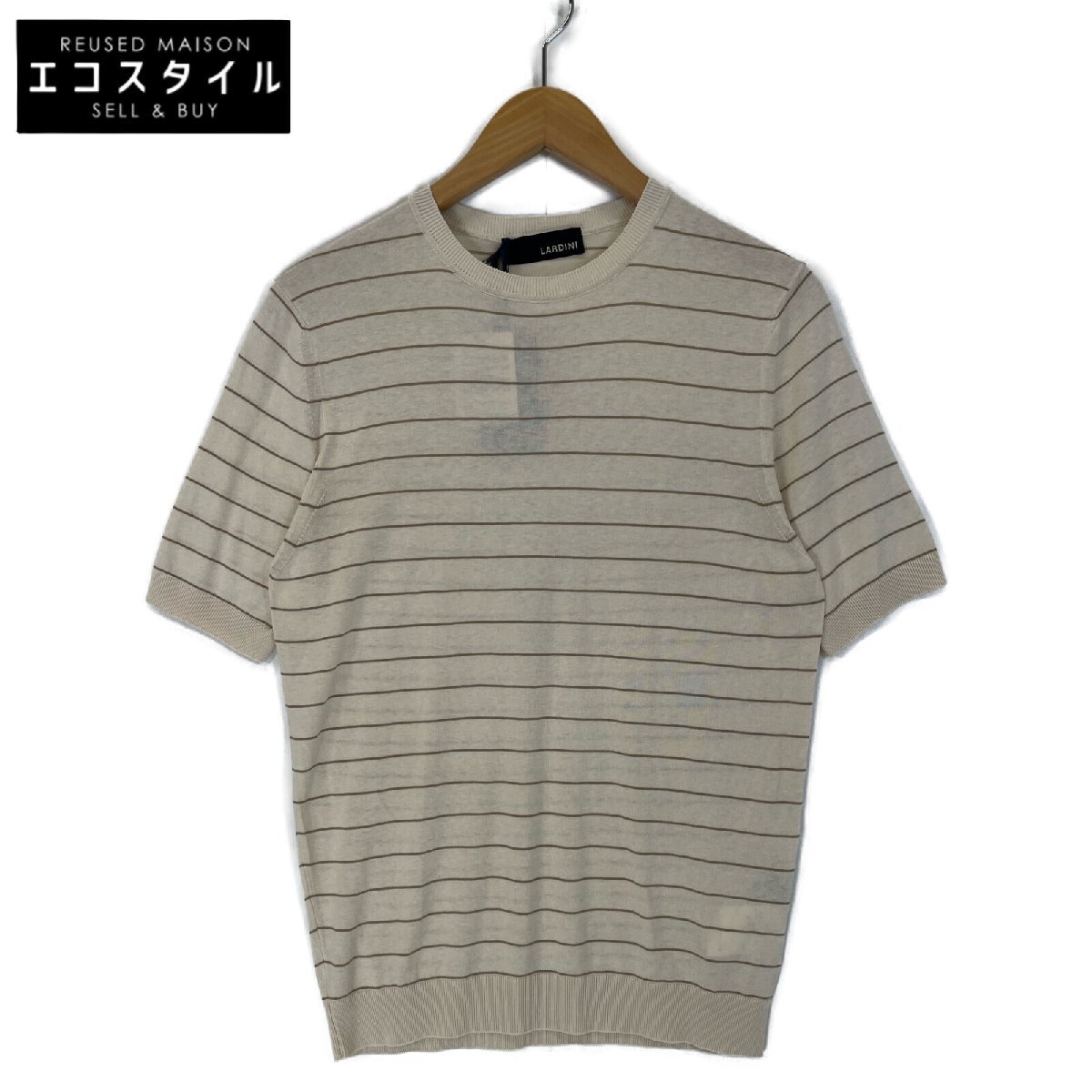 新品/国内正規 LARDINI ラルディーニ KN704 ボーダー シルク100％ 半袖ニットセーター/ トップス 46 ライトベージュ メンズ