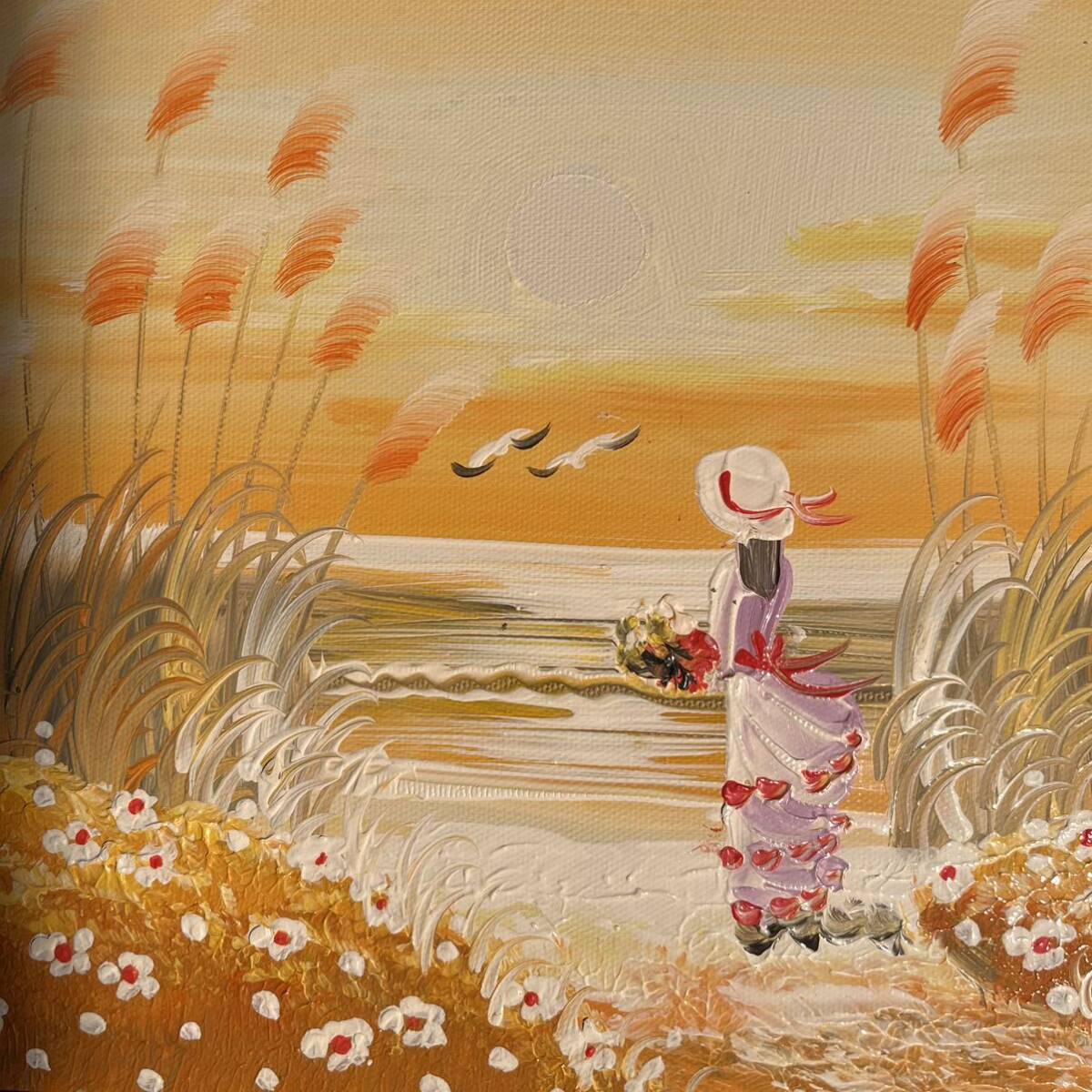 手書き油絵 3枚組 湖 額付 額付き 絵画 インテリア 油彩画 手書き油絵 3枚組 湖を眺める少女 額付 額付き 絵画 インテリア