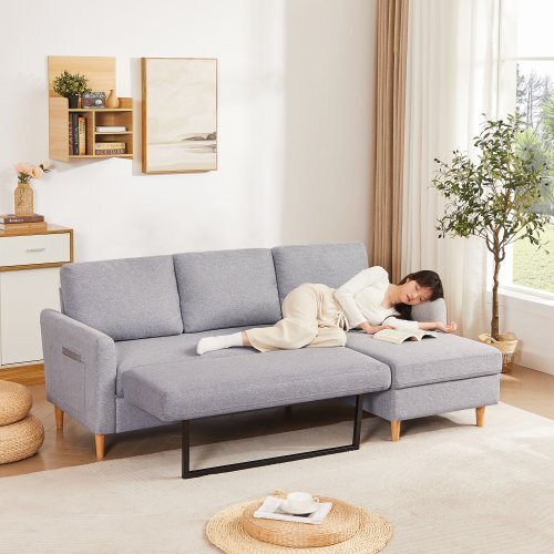 2 seater sofa + Chaise ソファ 2人掛け 収納付き ファブリック 両側に肘掛け付き 木脚外し可能 ローソファ コンパクト Grey