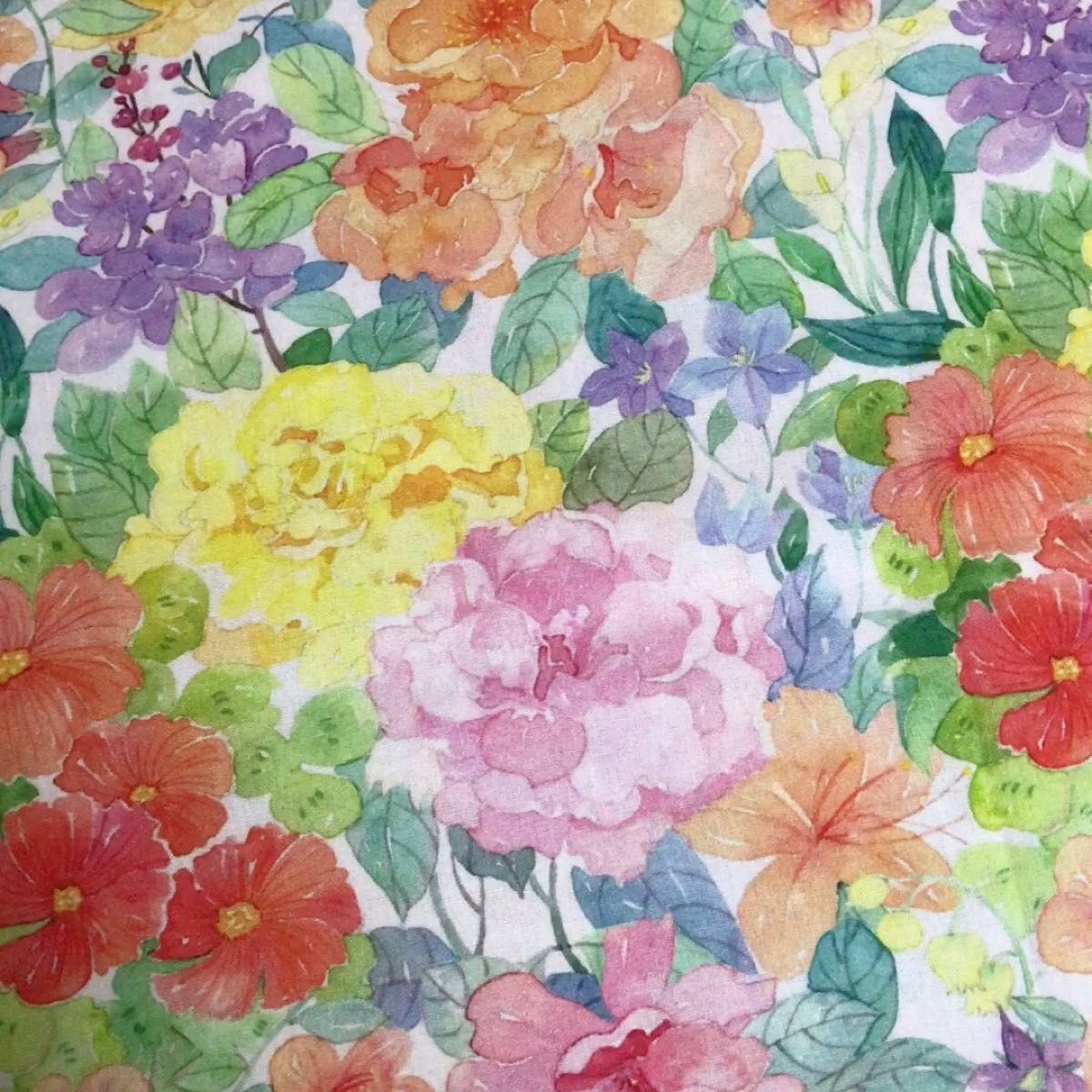 長さ102cm*112cm(幅) 水彩絵 多花カラフル花柄高品質コットン生地 プリント生地 ハンドメイド用 ハギレ シーチング
