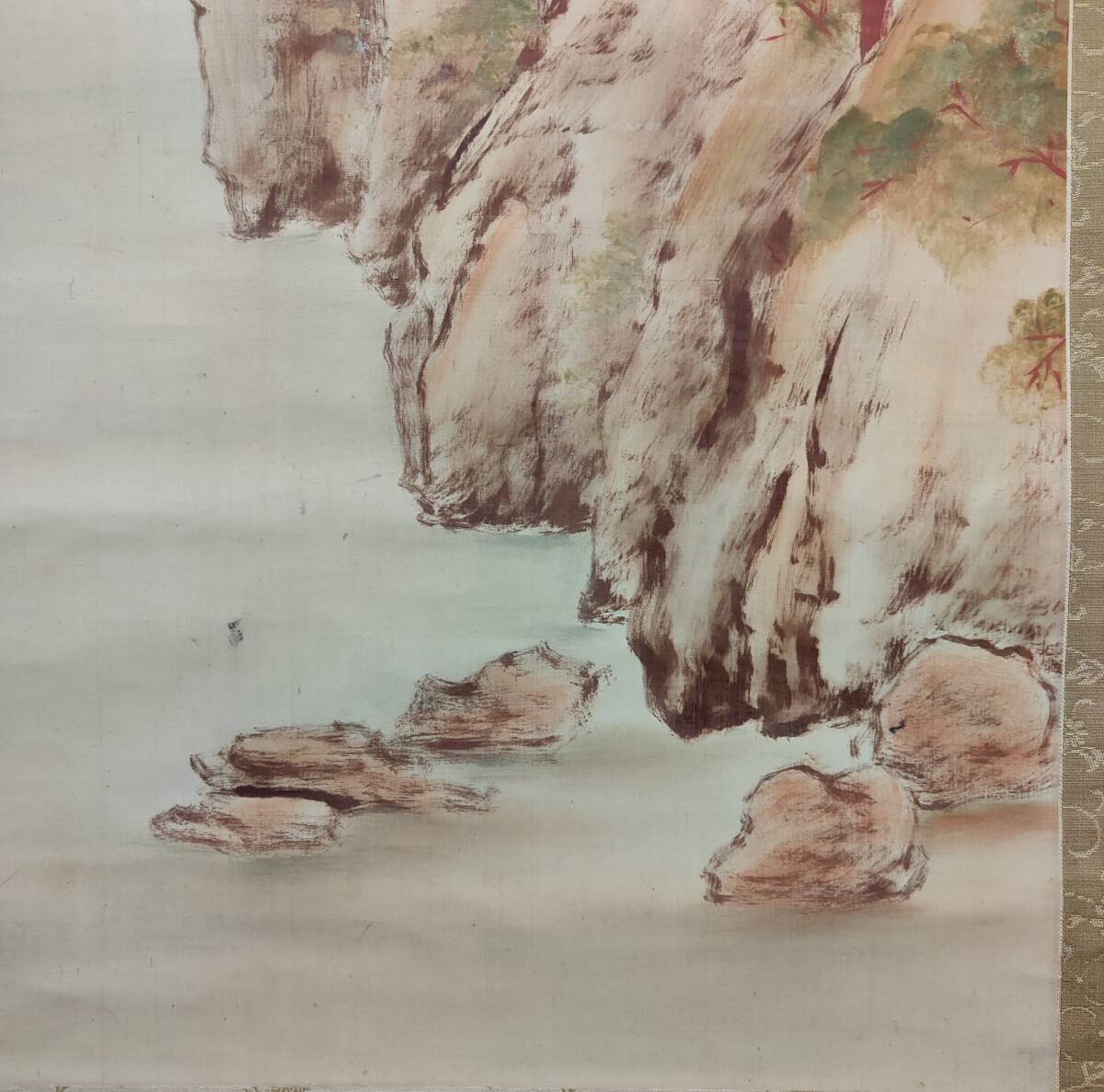 真作/上田陽愷/嵐山春色/漆絵/金襴表装/布袋屋掛軸HB-16 真作/上田陽愷/嵐山春色/漆絵/金襴表装/布袋屋掛軸HB-16