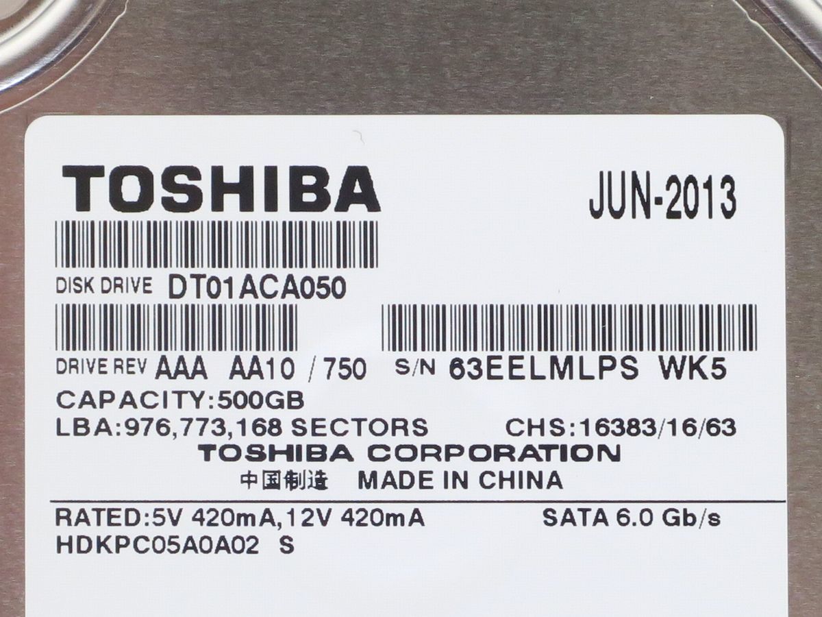 東芝 DT01ACA050 500GB 3.5インチ SATA600 HDD■23_ラベル部分をアップで撮影