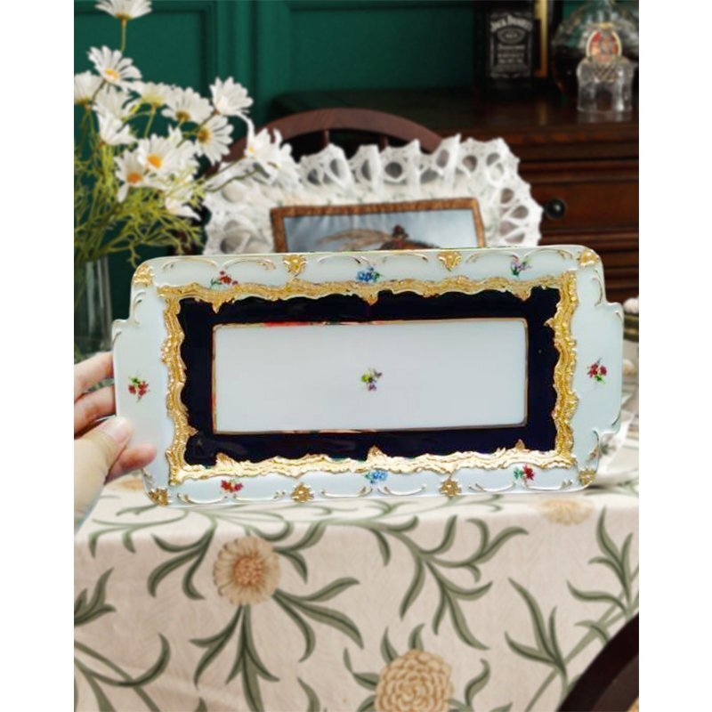 Meissen マイセン 手作り デザートプレート 洋食器 レリーフ フラワーブーケ コバルト 大皿 飾皿