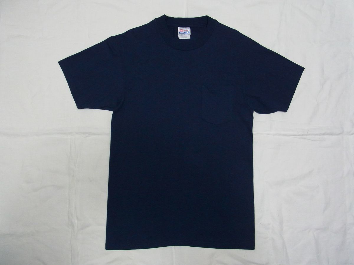 ☆美品・未着用☆ 90s USA製 ビンテージ Hanes ヘインズ 綿100％ 無地 ポケット Tシャツ sizeM ネイビー ☆古着 デッドストック 80s OLD_画像1