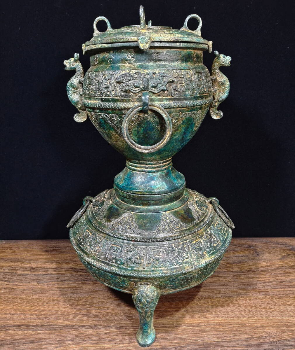 旧藏 青銅器 中国商代青銅チ竜紋虎耳プル 時代物 中國古美術 極細工 置物 賞物 古美術品 MSY26