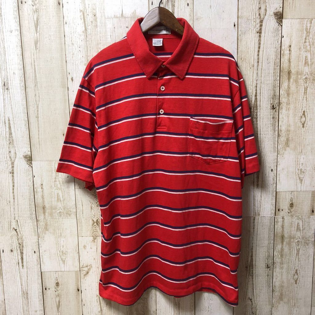 【 Munsingwear 】マンシングウエア ボーダー ポロシャツ Lサイズ レッド MADE IN USA Golf ゴルフ ウエア_画像1