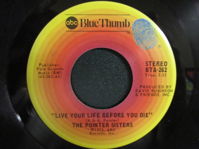 The Pointer Sisters ： Live Your Life Before You Die 7'' / 45s ★ Soul / Funk ☆ c/w Shaky Flat Blues // シングル盤 / EP_画像1