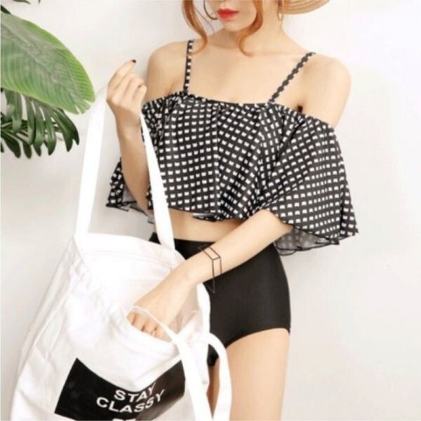  swimsuit lady's M off shoulder swimsuit body type cover tankini frill high waist black × white pretty stylish a663003
