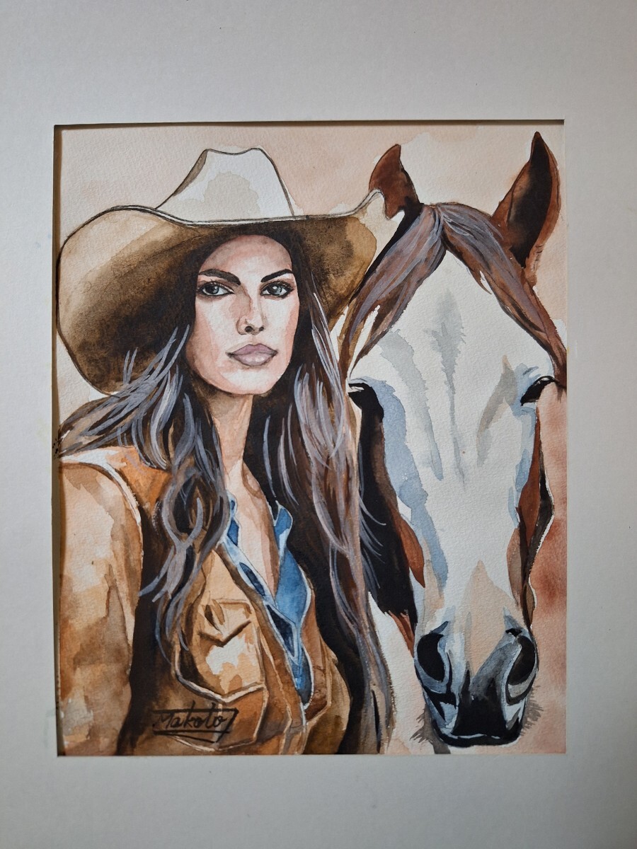 watercolor painting kau girl . white horse 