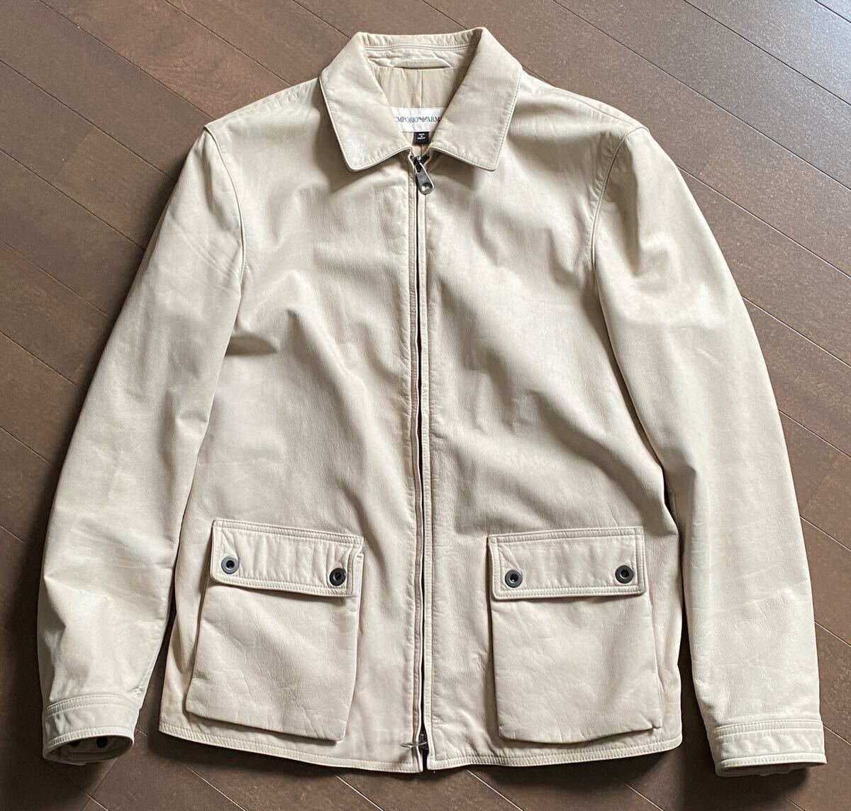 EMPORIO ARMANI エンポリオアルマーニ シングルライダーズ 本革 レザージャケット MRSジップ 裏地コットン ライトベージュ サイズ46