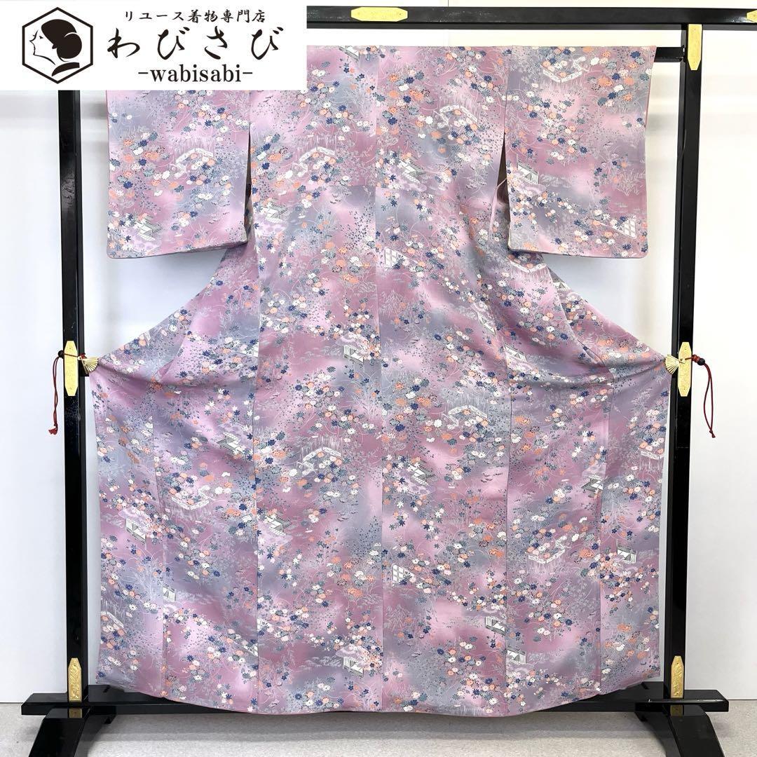 ベビーグッズも大集合 四季の花柄模様 小紋 暈し K-3772 縮緬 牡丹鼠色 着物・浴衣