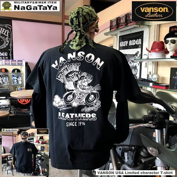 VANSON USA バンソン NVST-919 限定 キャラクタープリント　天竺半袖Tシャツ USA MADE ブラック Lサイズ BIKERウェア_画像1