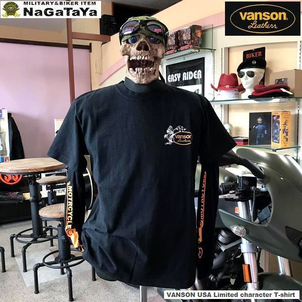 VANSON USA バンソン NVST-919 限定 キャラクタープリント　天竺半袖Tシャツ USA MADE ブラック Lサイズ BIKERウェア_画像2