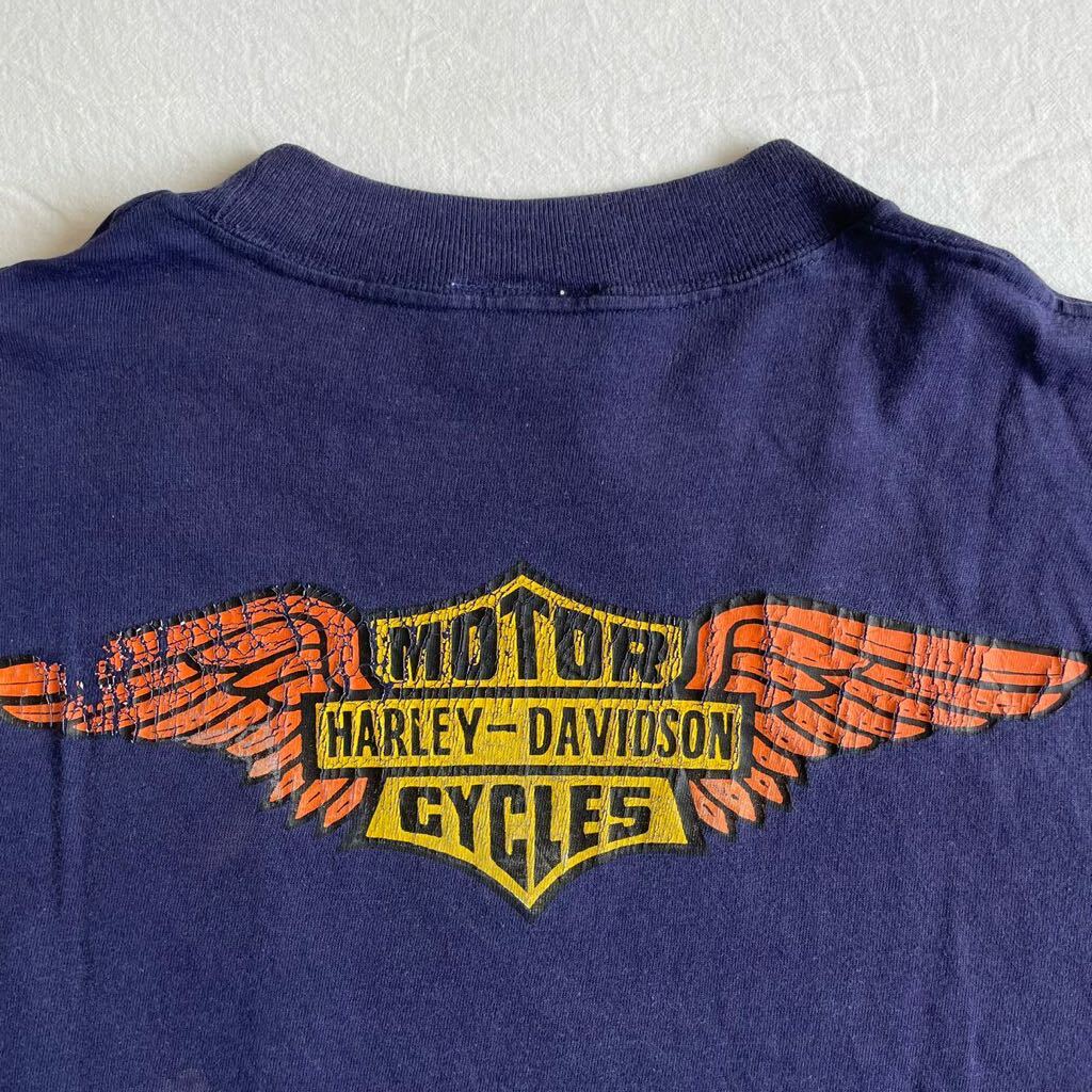 Special! 70s HARLEY DAVIDSON Vintage T-shirt USA made cotton 100 KAWASAKI plain pocket pokeT navy 80s 90s