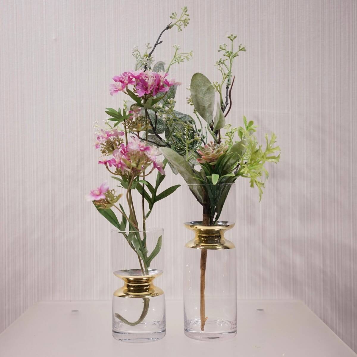 フラワーベース 2個セット 造花付き 花瓶 ガラス オブジェ モダン 北欧 造花 モデルルーム 検:サンルイ LSA バカラ エミリオロバ アクタス