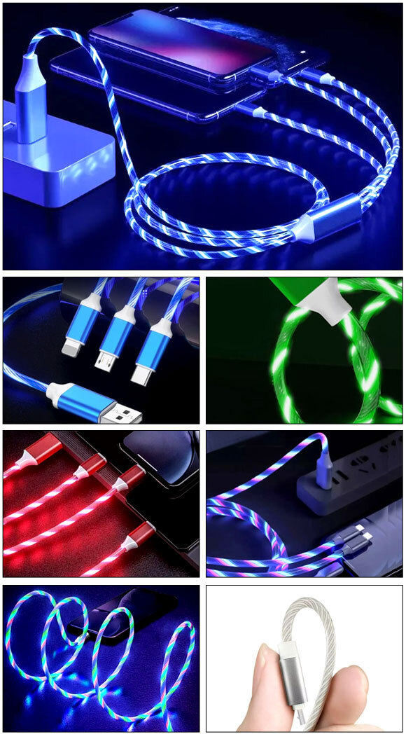 光るマルチUSB充電ケーブル グリーン 1.2m TPE素材 Type-C/MicroUSB/iOS系端子がひとつに！急速充電対応 AP-UJ1054-GR_画像2