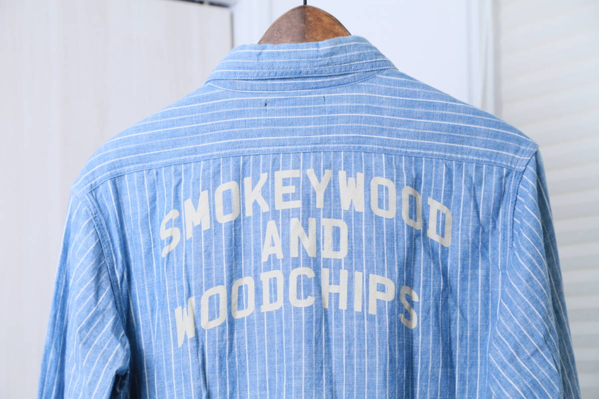 ★Smokey Woodスモーキーウッドストライプ柄プリント長袖シャツ　　古着美ユーズドメンズ男性青ブルースカイロゴ文字英語MLトップス_画像10