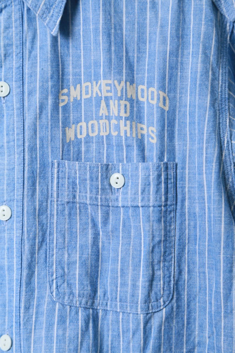 ★Smokey Woodスモーキーウッドストライプ柄プリント長袖シャツ　　古着美ユーズドメンズ男性青ブルースカイロゴ文字英語MLトップス_画像5